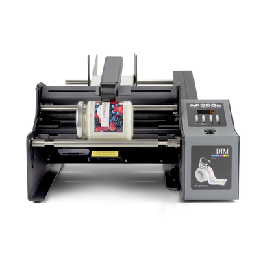 DTM AP380e bottle label applicator with a chocolate jar, front view