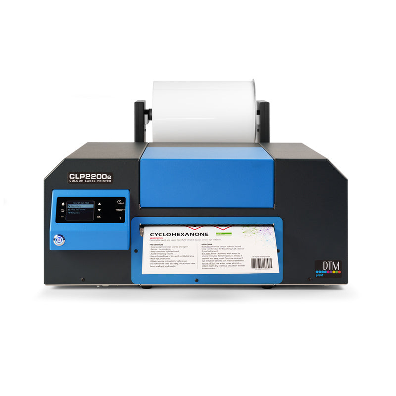 DTM clp2200e colour label printer with winder chemical label front