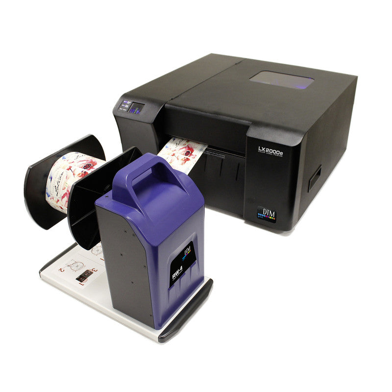 DTM RW-4 label rewinder beside an LX2000e colour label printer