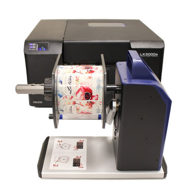 DTM RW-7 label rewinder beside an LX2000e colour label printer