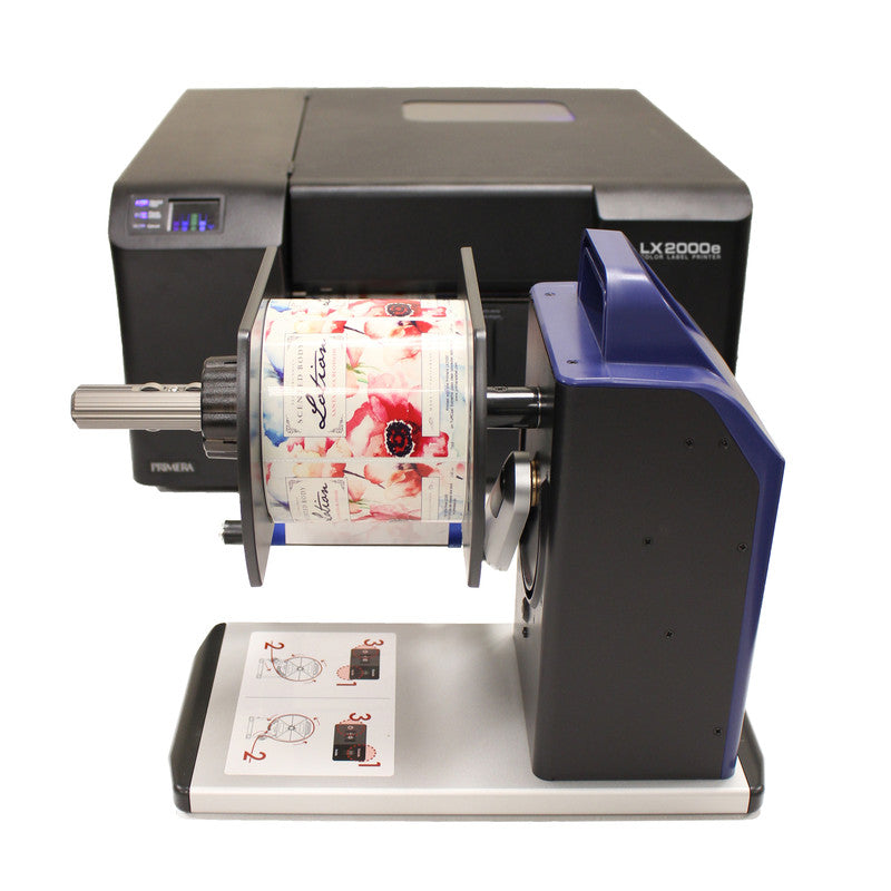 DTM RW-7 label rewinder beside an LX2000e colour label printer