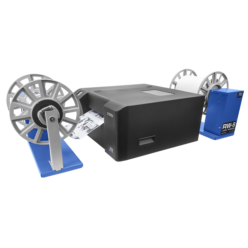 DTM RW-8 label rewinder beside a closed LX2000e label printer