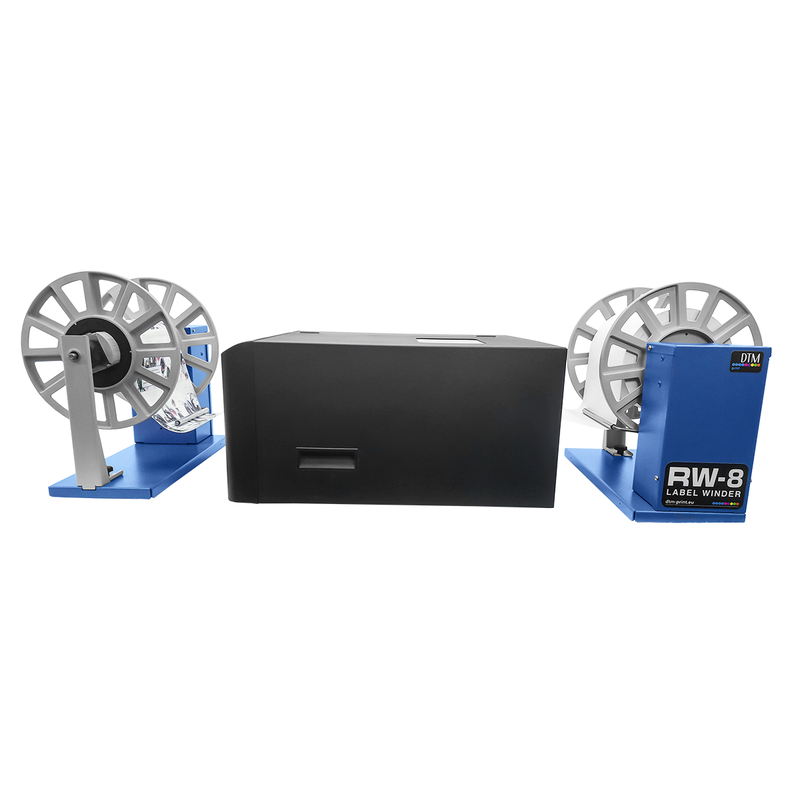 DTM RW-8 label rewinder beside an LX2000e colour label printer