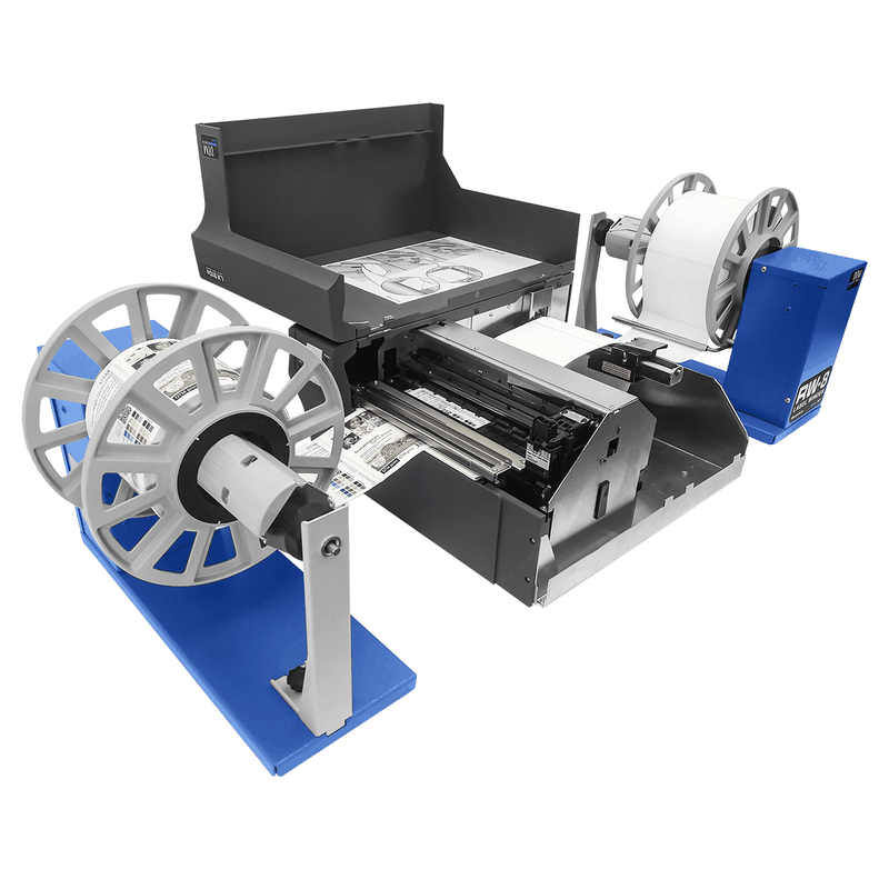 DTM RW-8 label rewinder beside an open LX910e label printer
