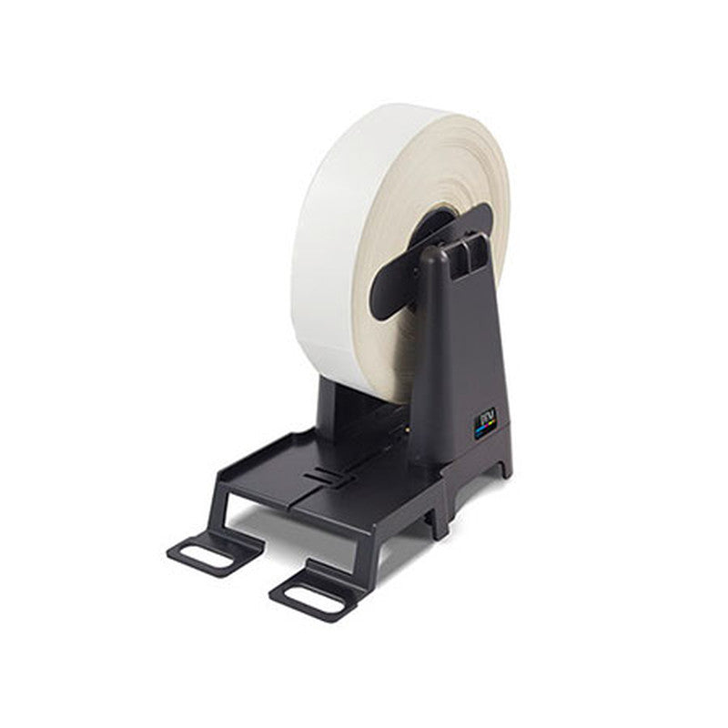 DTM UW-4 passive label unwinder with a label roll, angled view
