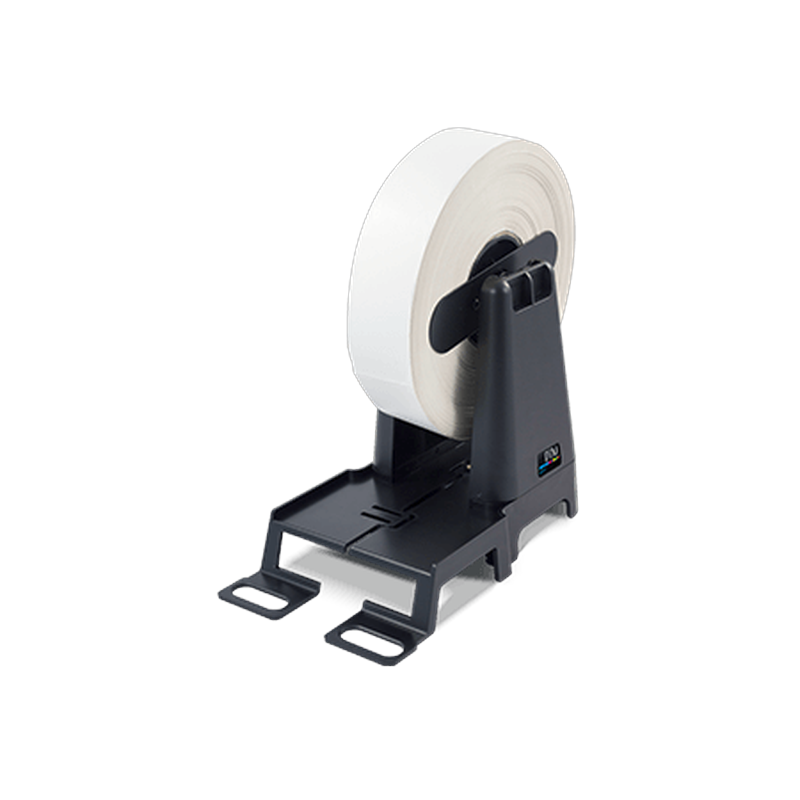 DTM UW-4 passive label unwinder with a label roll, isolated view
